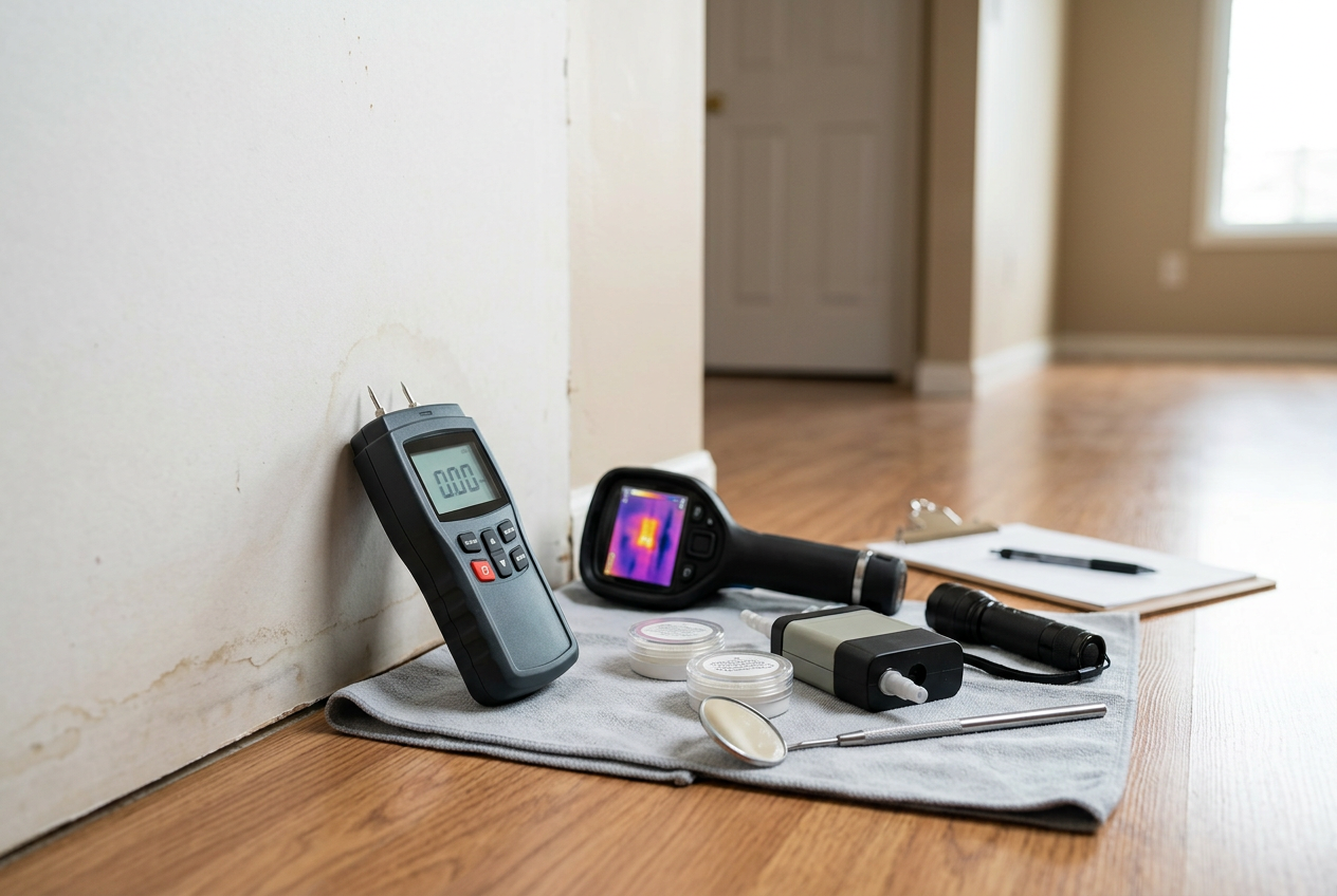 Close-up of moisture damage and dark mold growth on basement wall corner, moisture meter on nearby wall surface, professional inspection environment