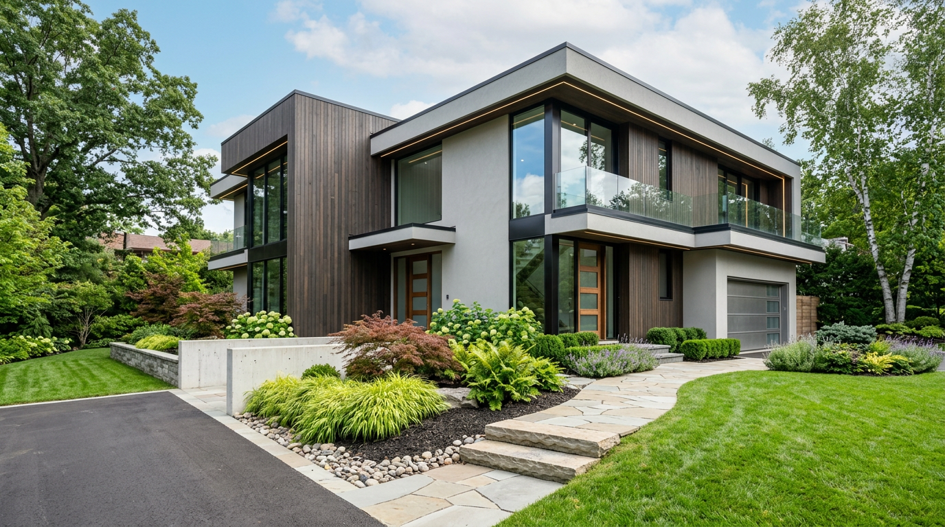 Bright, clean residential home exterior with open front door revealing interior, professional photography, well-maintained landscaping, morning sunlight