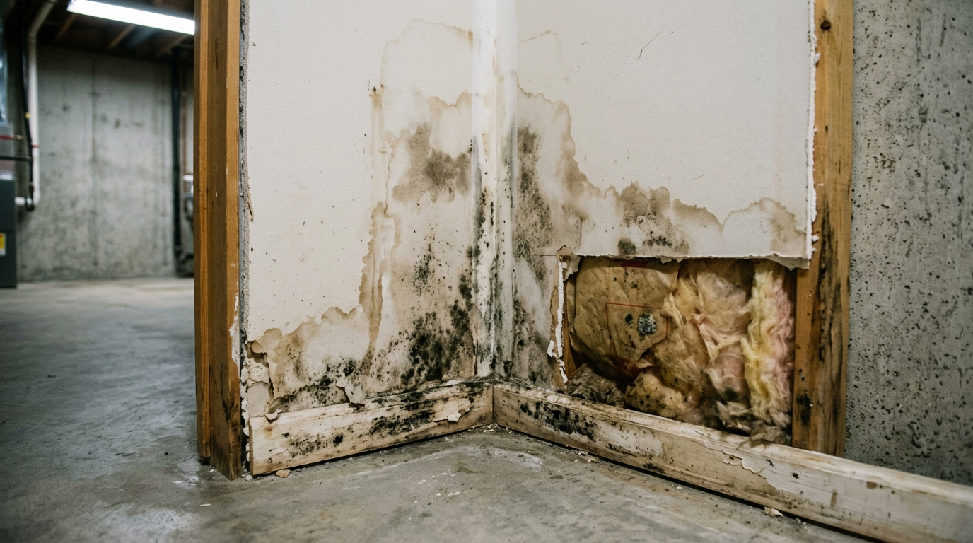Dark mold stain pattern on drywall or basement wall corner showing moisture damage