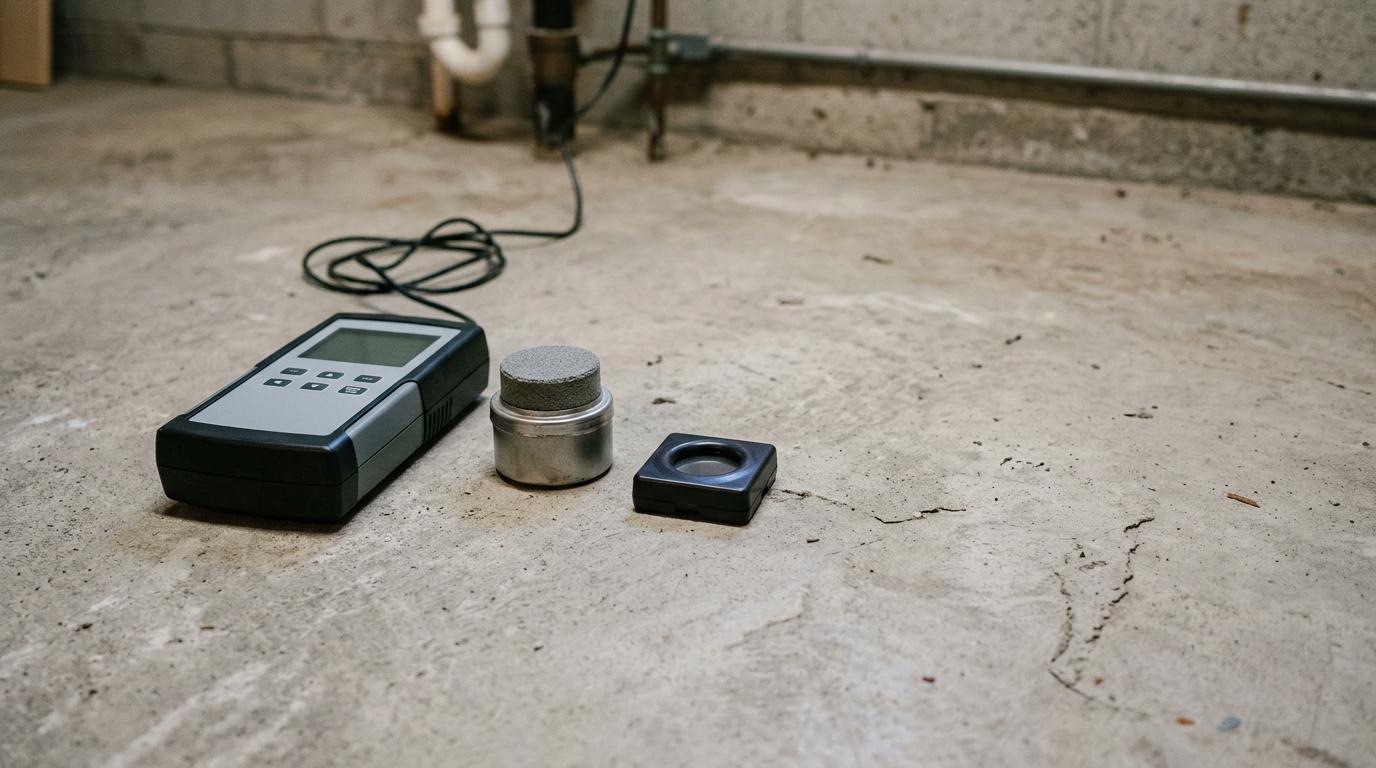 Radon test kit device on foundation wall of basement, professional testing equipment in residential setting